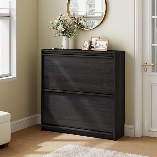 Shoe Cabinet with 2 Flip Drawers, Modern Narrow Shoe Storage Cabinet Organizer with Adjustable Shelf, Hidden Freestanding Shoe Rack for Entryway, Hallway, Living Room, Black - color: Black, size: 9.45"D x 31.5"W x 31.5"H(2 drawers)