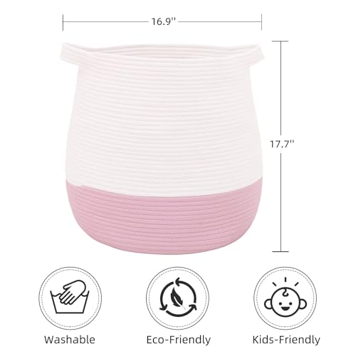 Large Cotton Rope Basket, Woven Storage Basket for Toy, Laundry and Blanket Organizer, Round Hamper Basket with Handles for Kid's Room 17.7"x16.9" - color: pink, style: Minimalist