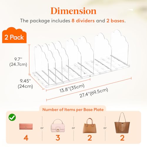 Lifewit Purse Organizer for Closet, 9.7" Tall Clear Handbags Storage Organizer, Adjustable Clutch Organizer Holder for Closet, 2 Pack Bookshelf Dividers for Sweater in Bedroom 35 x 24cm/14 × 9.5" - size: 9.7"H