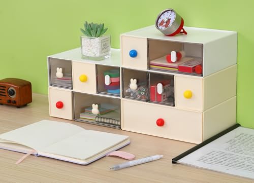 Desktop Storage Drawers, Plastic Desk Organizer with 6 Drawers, Modular Stackable Toolbox Units for Office Stationary, Makeup Container, Bathroom Countertop (3 Tiers, Cream) - color: 3 Tall Layers & 6 Drawers, Cream
