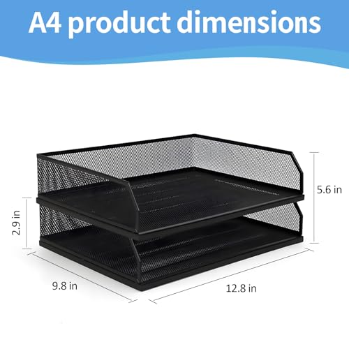 Paper Tray Desk Organizer, 2 Pack Stackable Letter File Tray, Wire Mesh Desktop Organizer, Front-Load Metal A4 Paper Sorter Documents Storage Holder Tray for Office Supplies Home School Classroom - size: Transverse