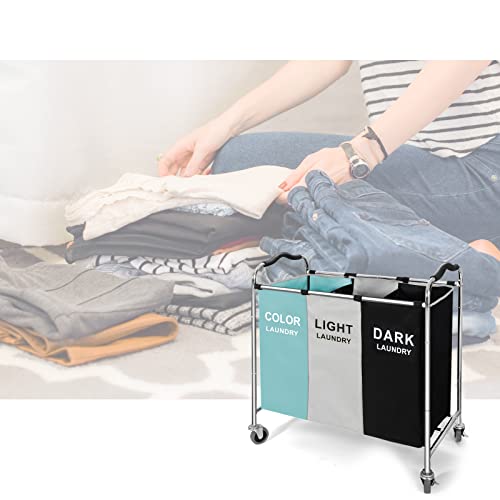 Laundry Basket, Large Laundry Hamper with Wheels, 3 Section Laundry Bag Organizer for Dirty Clothes; Dorm Room Essentials, Towel & Toys Storage Laundry Cart in Laundry Room Organization (Green) - color: Green