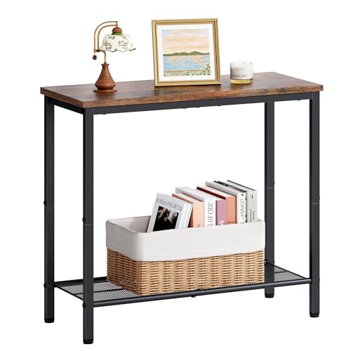 Hoctieon 2 Tier End Table, Sofa Side Table, Narrow Side Table with Storage, Slim Nightstand for Small Spaces, Metal Frame, for Living Room, Bedroom, Sofa Couch, Hall, Rustic Brown - color: Brown, size: 1 Pack
