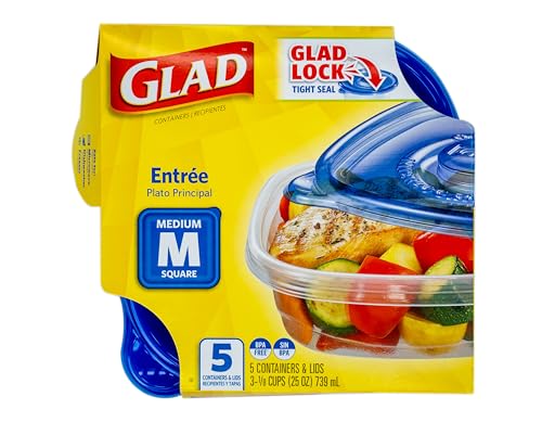 Glad GladWare Entree Food Storage Containers with Lids, Medium Square BPA Free Plastic for Meal Prep and Lunches, Lock Tight Seal, Microwave and Dishwasher Safe, 25 Oz, 5 Count - size: 25 oz - 5 Count, style: Square