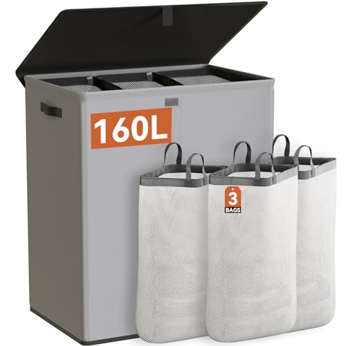 WOWLIVE Laundry Hamper with Lid,160L Large Laundry Basket 3 Section with Removable Washing Bags,Collapsible Waterproof Dirty Clothes Hamper for Laundry Room Bathroom Dorm,Grey - color: Grey, size: 160L (24.8x 14 x 27.5 Inches)