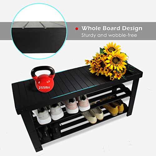 SMIBUY Bamboo Shoe Rack Bench, 3-Tier Shoe Organizer Storage Shelf for Entryway Hallway Bathroom Living Room (Black) - color: Black