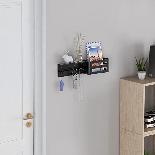 MKO Key Holder for Wall, Mail Organizer Key Rack with Tray, Key Holder Adhesive Wall Mount, 4 Hooks(Black) - color: Black with Shelf