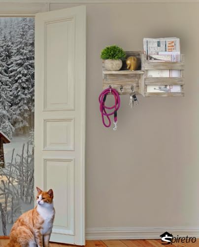 Spiretro Rustic Wooden Wall-Mounted Key Hooks Holder & Mail Sorter | Farmhouse Decor | 3 Metal Hooks & Small Shelf | Natural Torched Wood | Easy Installation - color: Grey Organizer & Wood shelf
