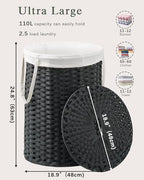 SETVSON Laundry Basket with Lid Round Rattan Laundry Hamper with Lid and Handles 29.1 Gal (110 L) Handwoven Woven Basket with Removable Bags and 2 Mesh Bags for Bathroom Living Room Black - color: Black, size: 110L