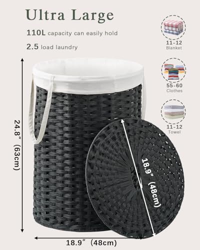 SETVSON Laundry Basket with Lid Round Rattan Laundry Hamper with Lid and Handles 29.1 Gal (110 L) Handwoven Woven Basket with Removable Bags and 2 Mesh Bags for Bathroom Living Room Black - color: Black, size: 110L