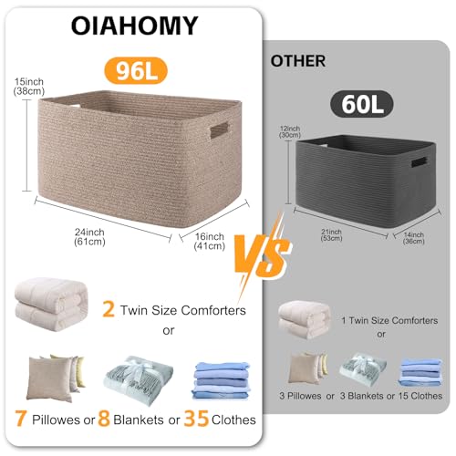 OIAHOMY XXLarge Rectangle Blanket Basket-96L, Cotton Woven Basket for Storage, Dirty Clothes Basket for Living Room, Nursery, Bedroom, Toy Organizing with Handle, 24" x 16" x 15",Brown variegated - color: Brown variegated, size: 24”x16”x15”