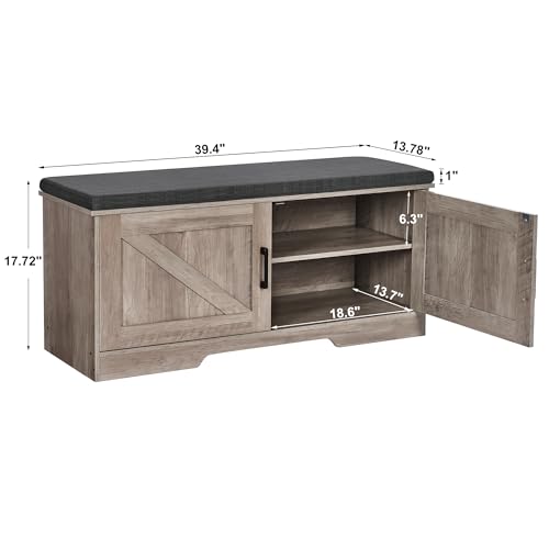 HOMSHO 2-Tier Storage Bench, 39.4" Wide Shoe Bench with Padded Seat Cushion, Entryway Bench with 2 Barn Doors and Adjustable Shelf, Greige - color: Greige, size: 39.4" Wide