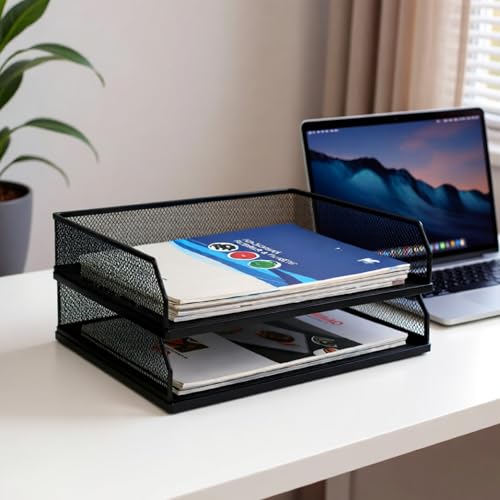 Paper Tray Desk Organizer, 2 Pack Stackable Letter File Tray, Wire Mesh Desktop Organizer, Front-Load Metal A4 Paper Sorter Documents Storage Holder Tray for Office Supplies Home School Classroom - size: Transverse