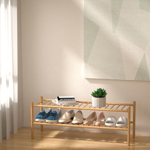ROMGUAR CRAFT 2-Tier Bamboo Long Shoe Rack, Free Standing Wood Shoe Shelf Storage Organizer for Closet Entryway Stackable 35"x11"x13" (Natural) - color: Natural, size: 2-Tier(Long)