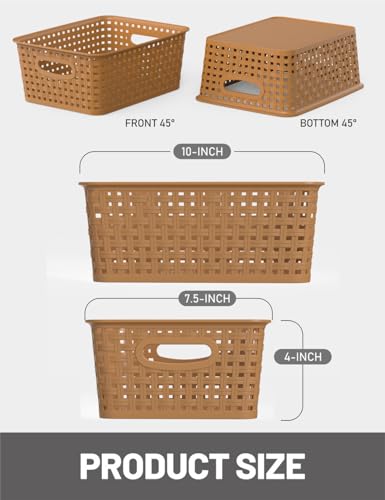 WYT 6-Pack Plastic Small Shelf Storage Weave Baskets Organizing for Cabinets and Pantries, Light Brown - color: Light Brown, size: 6-Pack