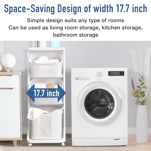 Japard 83 Litres Rolling Laundry Hamper Ultra Slim, Vertical 3 Sorter Cart with Wheels and Breaks, 3-tier Baskets Detachable for Dorm, Closet, Easy Assembly White Gray - size: 3 Tier