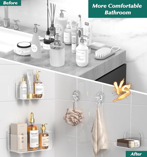 Shower Shelves, 5 Pack Adhesive Clear Acrylic Bathroom Shower Organizer Caddy, Transparent No Drilling Wall Mount Bathroom Storage with Soap Holder and Hooks - color: Clear-5 Pack Set