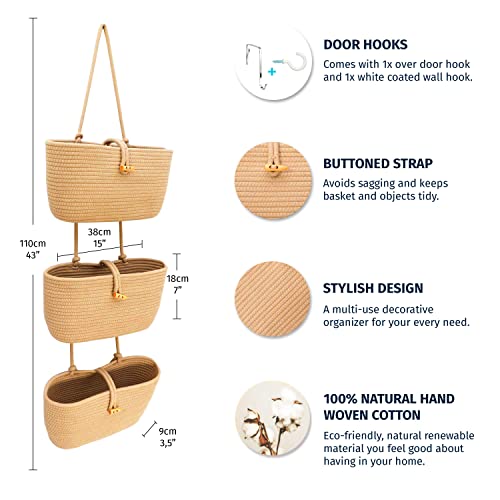 OrganiHaus Over the Door Hanging Basket for Organizing, 3-Tier Hanging Wall Basket for Storage, Boho Nursery Decor for Wall, Behind Door Wall Storage, Wall Organizer for Office, Wall Toy Storage Honey - color: Full Honey