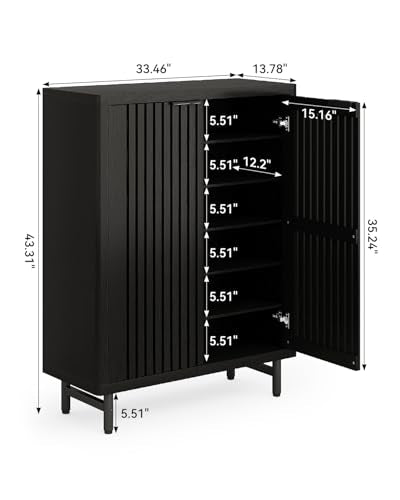 LITTLE TREE 6-Tier Shoe Cabinet with Doors for Up to 24 Pairs, Large Wooden Shoe Storage Cabinet with Adjustable Shelves, Black Freestanding Shoe Organizer Cabinet for Entryway, Hallway - color: Black