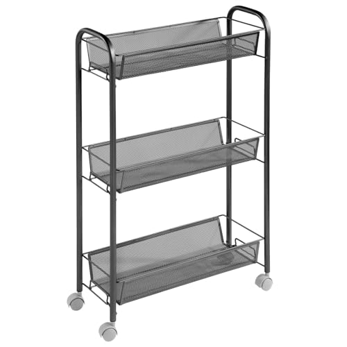 mDesign Steel Rolling Utility Cart Storage Organizer Trolley with 3 Basket Shelves for Laundry Room, Mudroom, Garage, Bathroom Organization - Holds Detergents, Hand Soap - Biro Collection, Black - color: Black