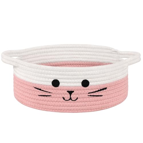 Cute Cat Toy Basket, Decorative Baby Gift Basket for Girls, Small Woven Baskets for Nursery Living Room, White & Pink, 9.8 x 4 inches - color: White & Pink, size: 9.8"W x 4"H