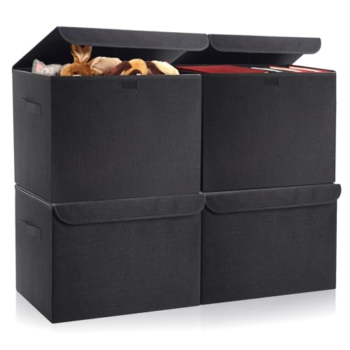Bagnizer Large 22 Quart Linen Fabric Foldable Storage Bin Cube Organizer Basket with Flip-Top Lid & Handles, Clothes Blanket Box for Home, Office, Closet, Black, 4 Pack 14.6 x 9.5 x 9.5” - color: Black, size: Medium - 4 Pack