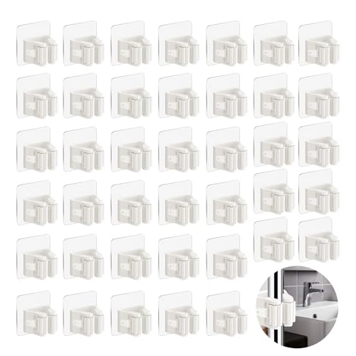 3-H 40 Pack Self Adhesive Broom Holder Wall Mount - Heavy Duty No Drill Broom Organizer for Garage Closet Kitchen, Plastic Storage Rack for Brooms Mops Tools, Peel and Stick Adhesive, White - color: Beige White, size: 40