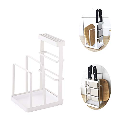 VANRA Metal Steel Cutting Board Holder Knife Block Kitchen Organizer Pantry Bakeware Rack Pan Pot Cover Lid Rack Stand with Draining Tray (White) - color: White, size: 4.7"L X 5.5"W X 8.5"H - With Draining Tray