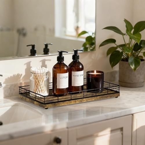 Large Bathroom Vanity Tray – 13" x 8" Decorative Wooden Tray for Bathroom Countertop & Vanity Organizer, Wood Tray for Perfume, Skincare Accessories Storage, Vanity Dresser Decor Black & Rustic Brown - color: Rustic Brown, size: 13" x 8" x 2"