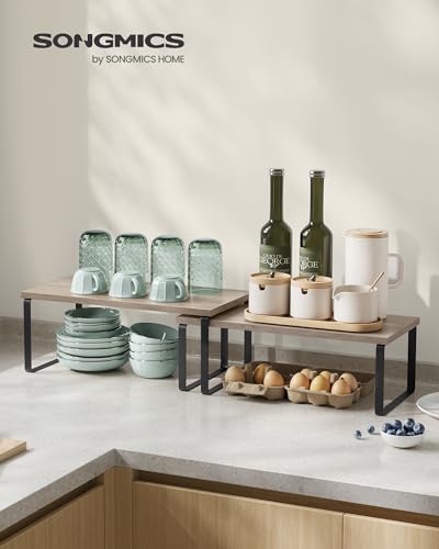 SONGMICS Cabinet Organizer Shelf, Set of 4 Kitchen Counter Shelves, Kitchen Storage, Spice Rack, Stackable, Expandable, Metal and Engineered Wood, Ink Black and Heather Greige UKCS022X02 - color: Ink Black + Heather Greige, size: 15.6"W
