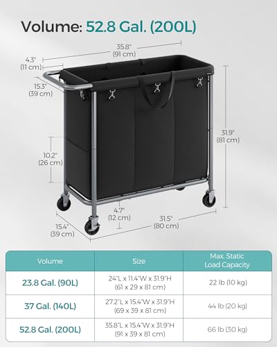 SONGMICS Laundry Basket with Wheels, 3-Section Rolling Laundry Hamper, 52.8 Gallons (200 L), Removable Liner, Steel Frame with Handle, 35.8 x 15.4 x 31.9 Inches, Ink Black URLS005B01 - color: Ink Black, size: 200 L (3-Section), style: Rectangular with han
