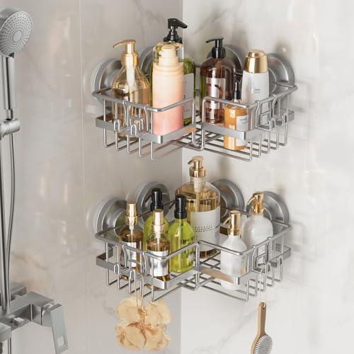 LEVERLOC Corner-adaptive Suction Cup Shower Caddies 2 Pack, Stainless Steel Rustproof Corner Shower Shelf, Large Capacity Removable Suction Cup Bathroom Organizer, Drill-Free Wall Mounted Basket, Gray - style: Corner Caddy, Grey