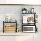 DOLALIKE Microwave Oven Rack, Expandable Microwave Stand Countertop Kitchen Utensils Tableware Storage, Carbon Steel Over Microwave Shelf Countertop with 6 Hooks - color: Black, size: 3 Tier (With Spice Rack)