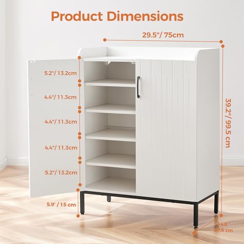 Mericonia Modern Shoe Cabinet with Metal Legs, Farmhouse Large 5-Tier Shoe Storage Cabinet with Doors, Wooden Shoe Organizer for Entryway, Hallway, Closet, Bedroom, Living Room, White | Shoe Storage Cabinet, with Doors, Shoe Organizer, for Entryway, for H