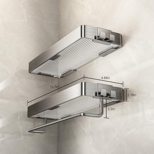 VOLPONE Stainless Steel Wall Mounted Bathroom Shelves - 2-Tier Floating Shelf with Removable Hooks (Brushed Nickel) - color: Brushed Nickel(rectangular)