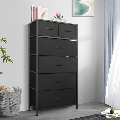 Mifuro Tall Dresser for Bedroom, Vertical Storage Organizer Tower with 6 Drawers, Chest of Drawers with Fabric Bins, Steel Frame, Wood Top for Bedroom, Closet, Entryway- Black - color: Black, size: 6 Drawers