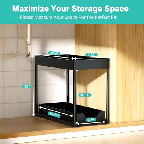 Under Sink Organizers 2 Pack, Pull-Out Sliding Cabinet Organizer with 2-Tier Storage Shelf & 4 Hooks, Multi-Purpose for Kitchen & Bathroom (13 Inch, Black) - color: Black