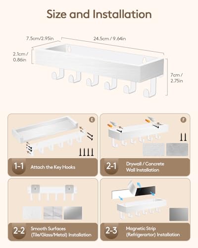 Key Holder Wall Mount Adhesive Magnetic - Hanging Key Hooks with Mail Organizer Tray for Wallet House Accessories - Keys Hanger Rack with Shelf for Camper Entryway Door Home Living Room Decor White - color: All White, size: Medium