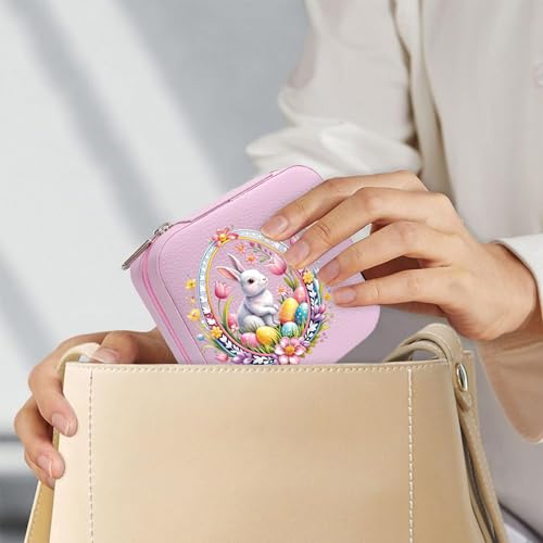 Bunny Pattern Portable Print Jewelry Box, 1pcs Pink Compact Jewelry Box Travel Jewelry Case Travel Case Organizer Bag Storage Box Jewelry Holder For Necklace Earrings Ring Bracelet - color: Easter bunny