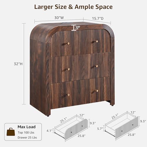 T4TREAM Fluted Dresser with 3 Drawers, 32" Tall Modern Chest of Drawers with Thickened Curved Profile Design, Wood Closet Clothes Storage Organizer for Bedroom, Living Room, Hallway, Dark Walnut - color: Dark Walnut, size: 15.7"D x 30"W x 32"H (3 Drawers)