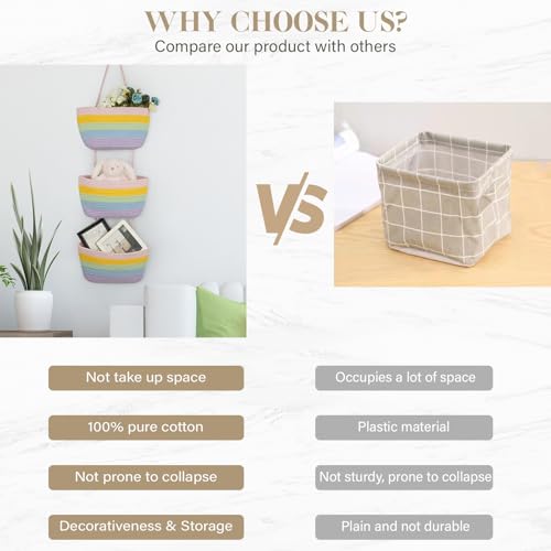 TeoKJ Over the Door Hanging Basket, 3-Tier Woven Cotton Wall-Mounted Storage Organizer Bag Decorative Hanging Nursery Baskets, Rainbow - color: Rainbow