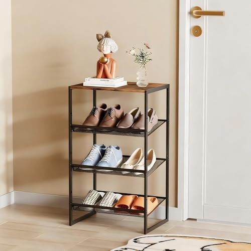 Garden 4 you Shoe Rack for Closet Narrow 4 Tiers, Small Shoe Rack with Brown Wooden Tabletop, Adjustable Metal Shoe Shelf for Closet Entryway Hallway Living Room - color: Brown, size: 4-Tier