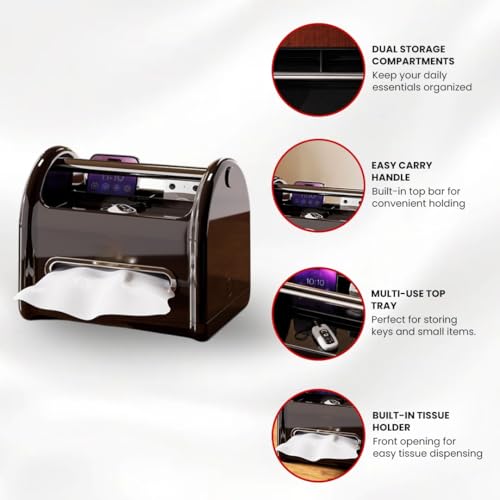 Tissue Box Cover Rectangular with Storage Tray, Multifunctional Facial Tissue Holder and Desk Organizer Napkin Holder - Phone Holder for Car Bathroom Office Living Room Bedroom - Black - color: Black