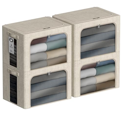 4 Pack Clothes Storage Bins with Metal Frame - 22L Stackable Storage Box with Lid，Foldable Storage Container Organizer for Clothes，Linen Fabric Storage Box with Clear Window＆Zippers＆Handles - color: Beige, size: 22L