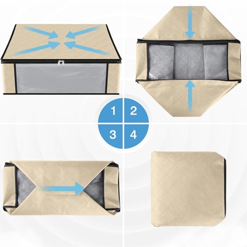 HomeHacks Storage 3-Pack Clothes Organizer Storage Bags Foldable Storage Box with Large Clear Window Sturdy Handles for Closet, Dorm, Pillows, Bedding, Clothes, Blankets, 35L, Beige - color: Beige
