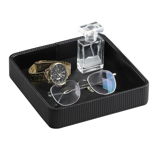 Small Valet Tray, 8"x8" Nightstand Organizer for Women Men| PU Leather Desk Organizer Trinket Dish| Decorative Vanity Tray Catch All Key Bowl for Dresser Bedside Coffee Table Entryway (Black) - color: Black
