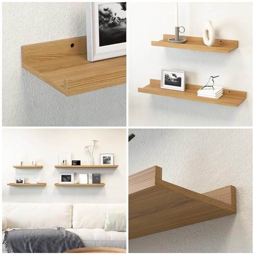 RICHER HOUSE 5 Set Floating Shelves for Wall Decor, Wall Mounted Book Shelf, Nursery Shelves Picture Ledge Shelf with Lip for Storage, Bedroom, Living Room, Bathroom - Oak - color: Oak, size: 5pcs*15.75in
