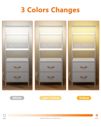 Furnulem Night Stand, Tall White Nightstand with 4-Tier Shelves, 2 PU Fabric Drawers and Led Lights, Bed Side Tables with Charging Station, Bedside Table for Bedroom - color: White, size: 2 Drawer