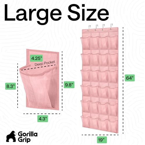 GORILLA GRIP Over the Door Shoe Organizer, 24 Large Breathable Mesh Pockets, Space Saving Hanging Storage Holder, Closet Rack Hanger Holds Up to 40 lbs, Hangs on Closets for Shoes, Accessories, Pink - color: Light Pink, size: 24 Pockets/4 Hooks