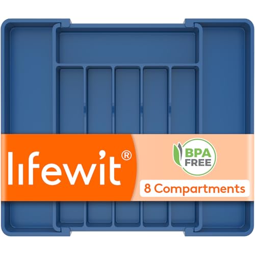 Lifewit Silverware Drawer Organizer, Expandable Utensil Tray for Kitchen, BPA Free Flatware and Cutlery Holder, Adjustable Plastic Storage for Spoons Forks Knives, 10.9"-17.5" x 13.7", Dark Blue - color: Dark Blue, size: Large (11-18''W x 14''D)